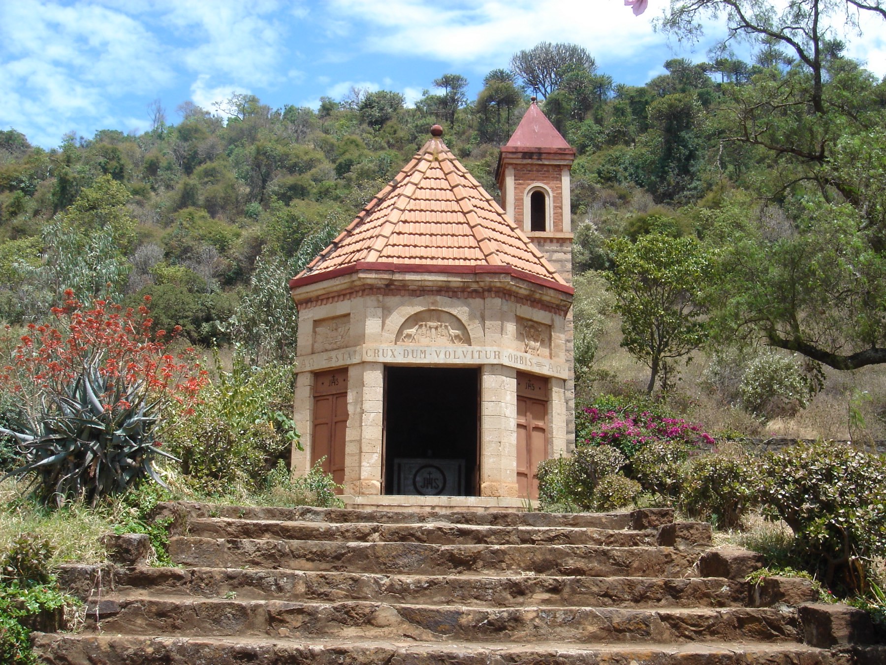 The small stone chapel with a tiled roof built by Italian prisoners of war at Mai Mahiu